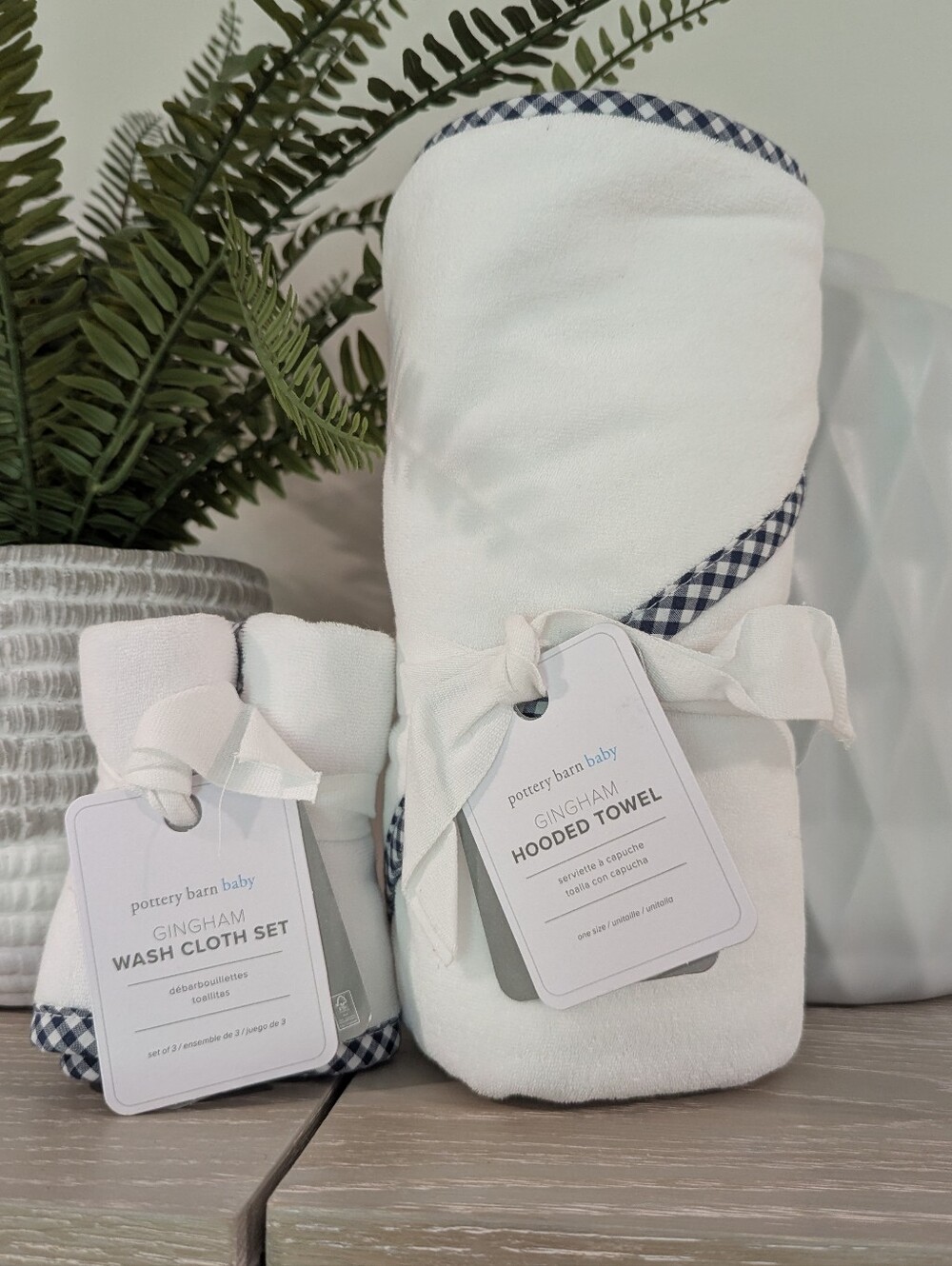 Pottery Barn Baby | White Hooded Towel & Navy Gingham-Trim Wash Cloth Set